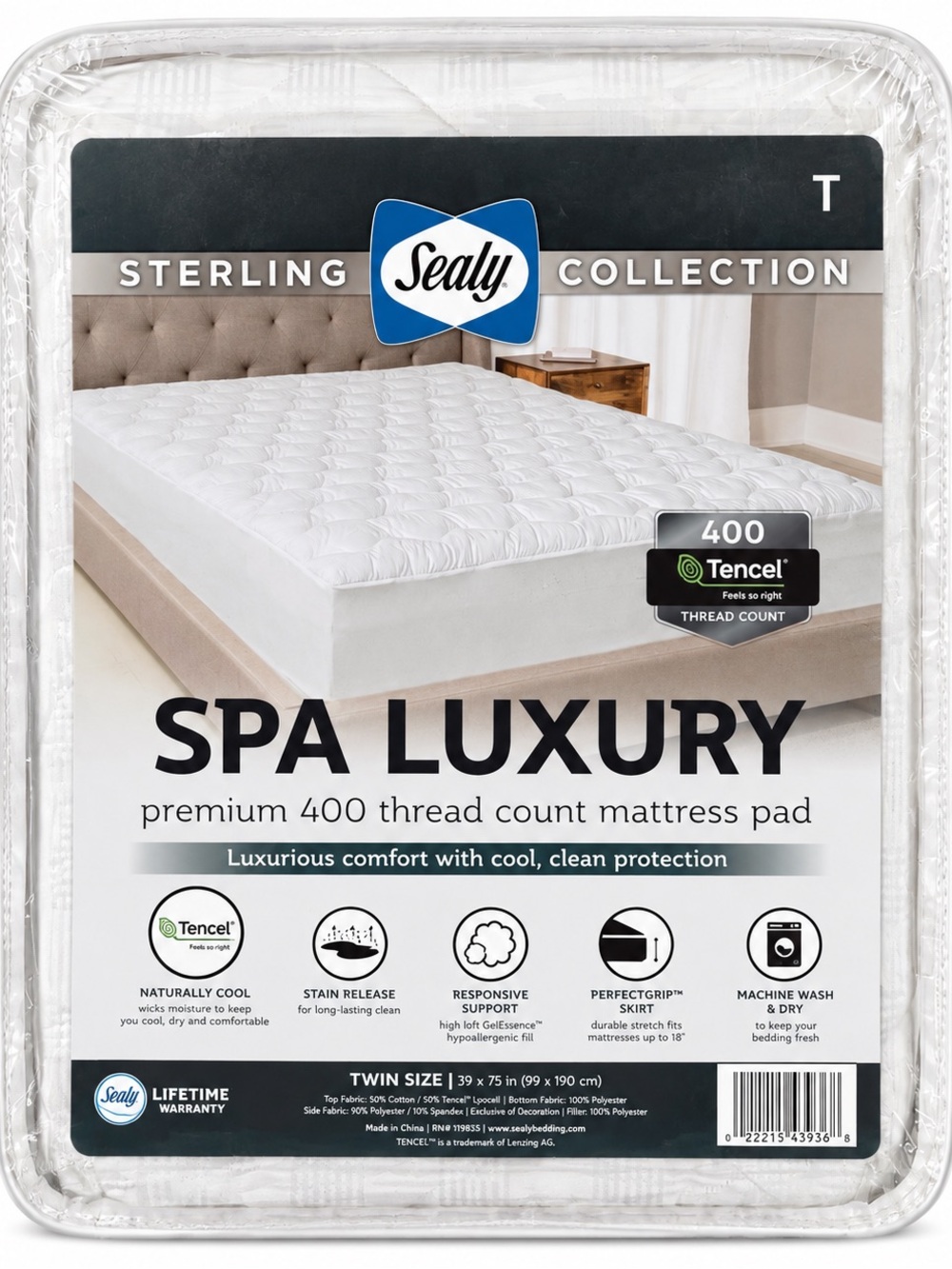Sealy Spa Luxury Twin 400 Thread Count Tencel Mattress Pad New